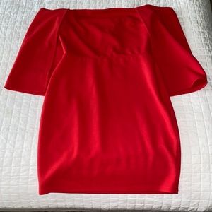 ASOS red cape fitted dress.